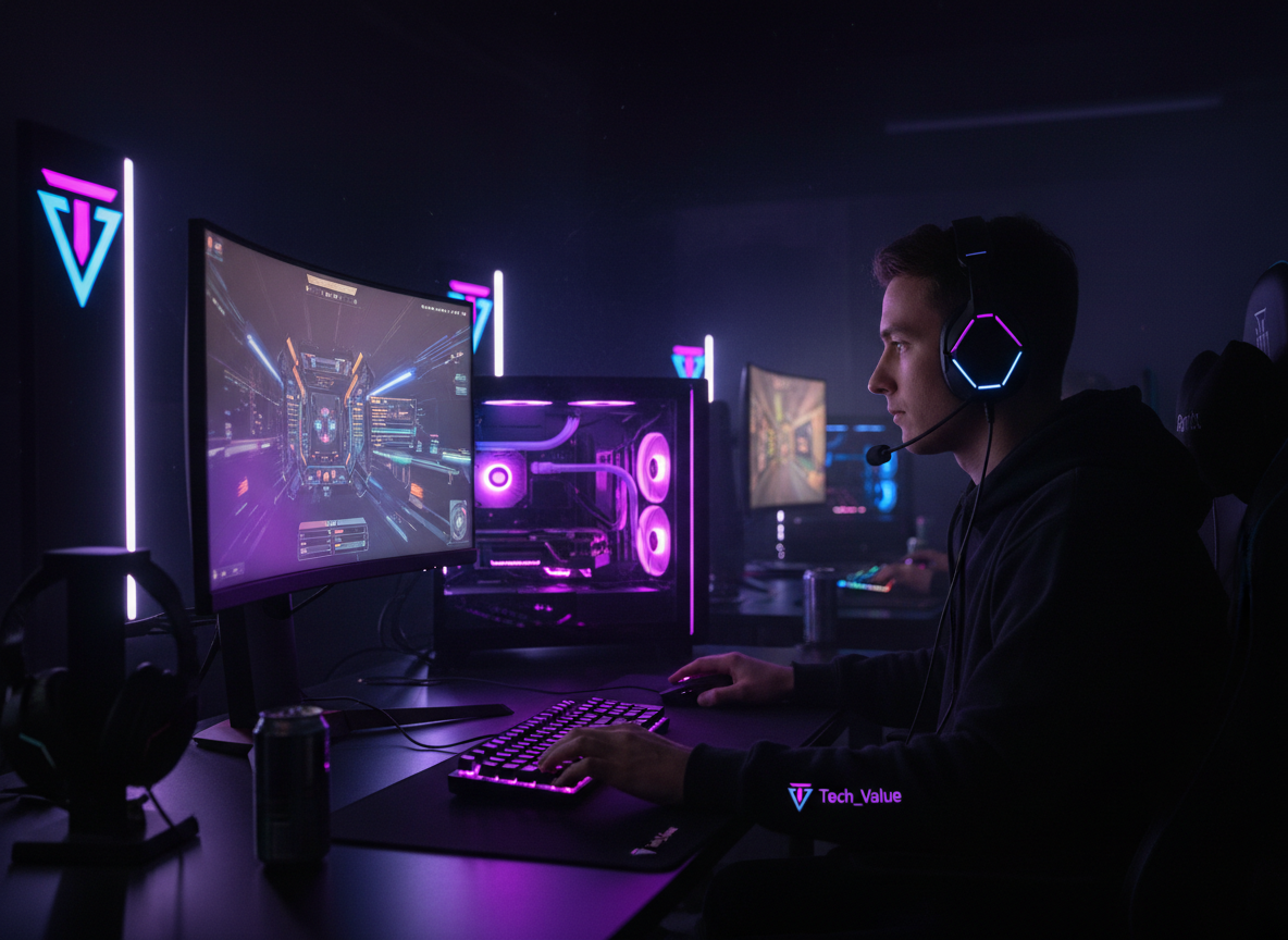 Photo réaliste d'un gamer concentré sur un PC haut de gamme avec éclairage néon violet et bleu, style Tech_Value